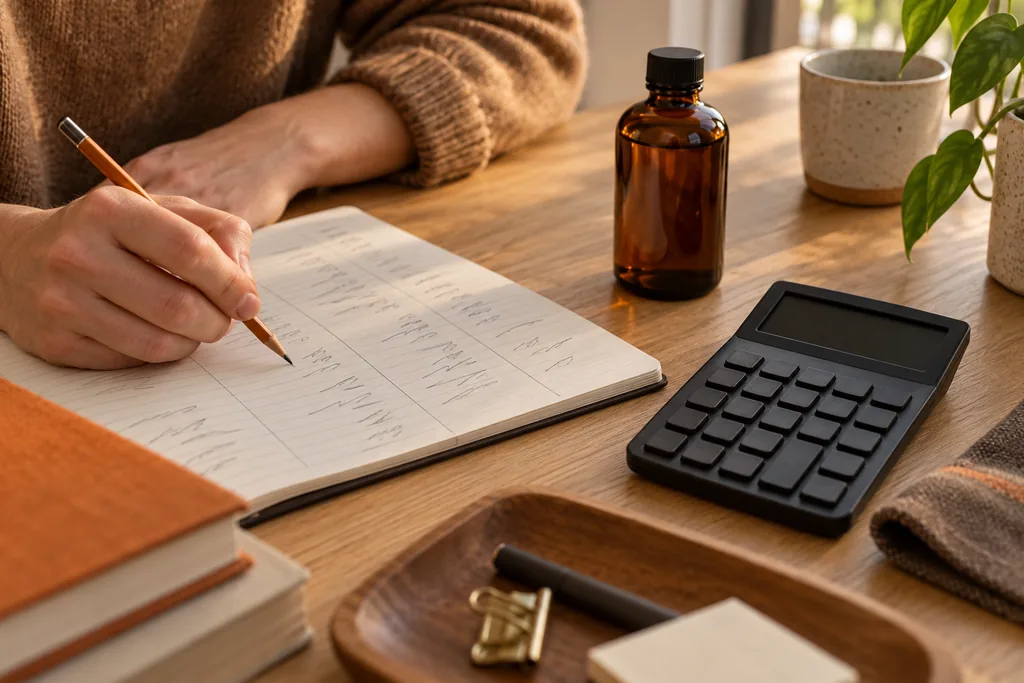 A hand with a pencil over a notebook with columns of marks, beside a desk calculator and an unlabelled glass bottle.