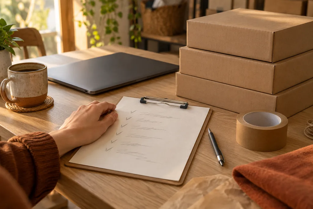 A clipboard with a handwritten checklist beside a stack of plain kraft boxes and a closed laptop.