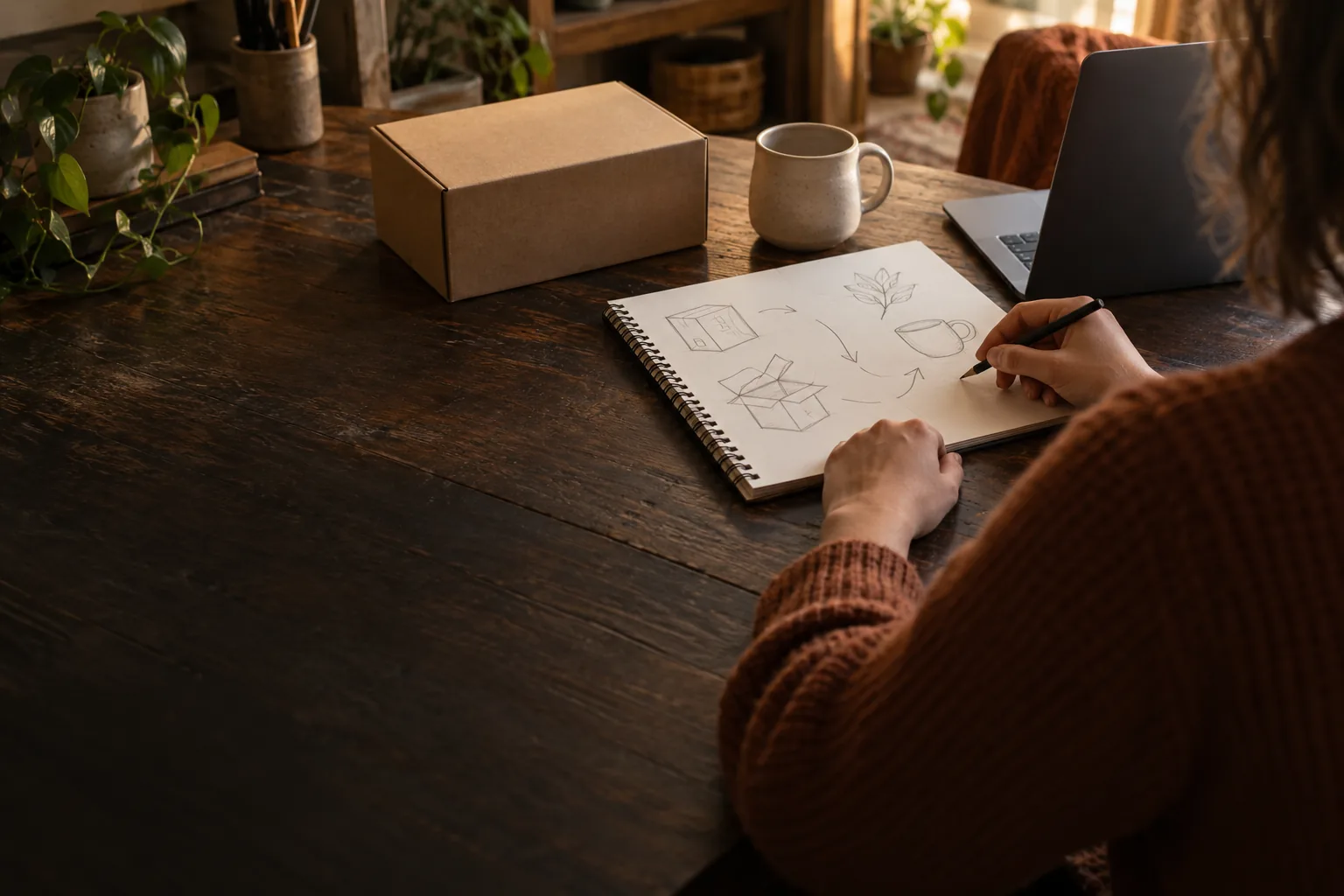 A learner sketches product and packaging ideas in a notebook at a wooden desk, beside a plain cardboard box and a laptop.