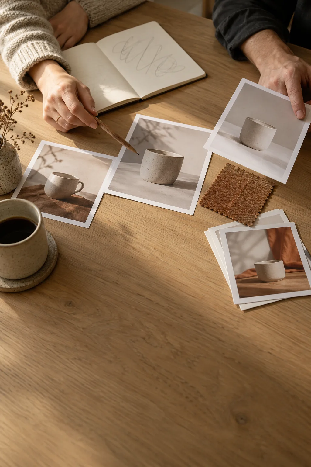 Two people's hands review printed photos of a plain ceramic cup on a wooden table, next to a notebook and a fabric swatch.